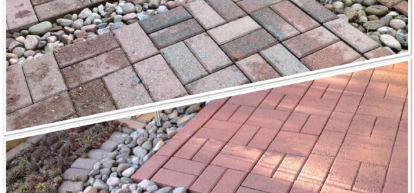 Terassin betonilaatat harmaina ja kivikuullotekäsittelyn jälkeen punaisina.