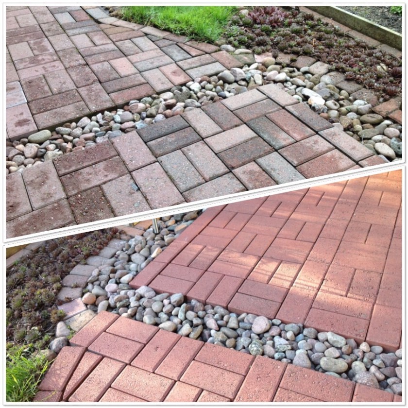 Terassin betonilaatat harmaina ja kivikuullotekäsittelyn jälkeen punaisina.