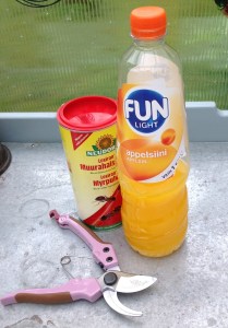 Muurahaissirote, Fun Light -mehupullo ja oksasakset.