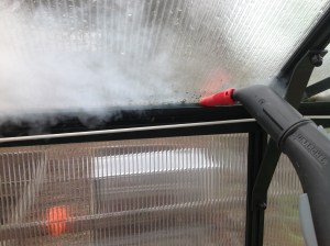 Kasvihuoneen puhdistusta höyrypesurin pikkusuuttimella.