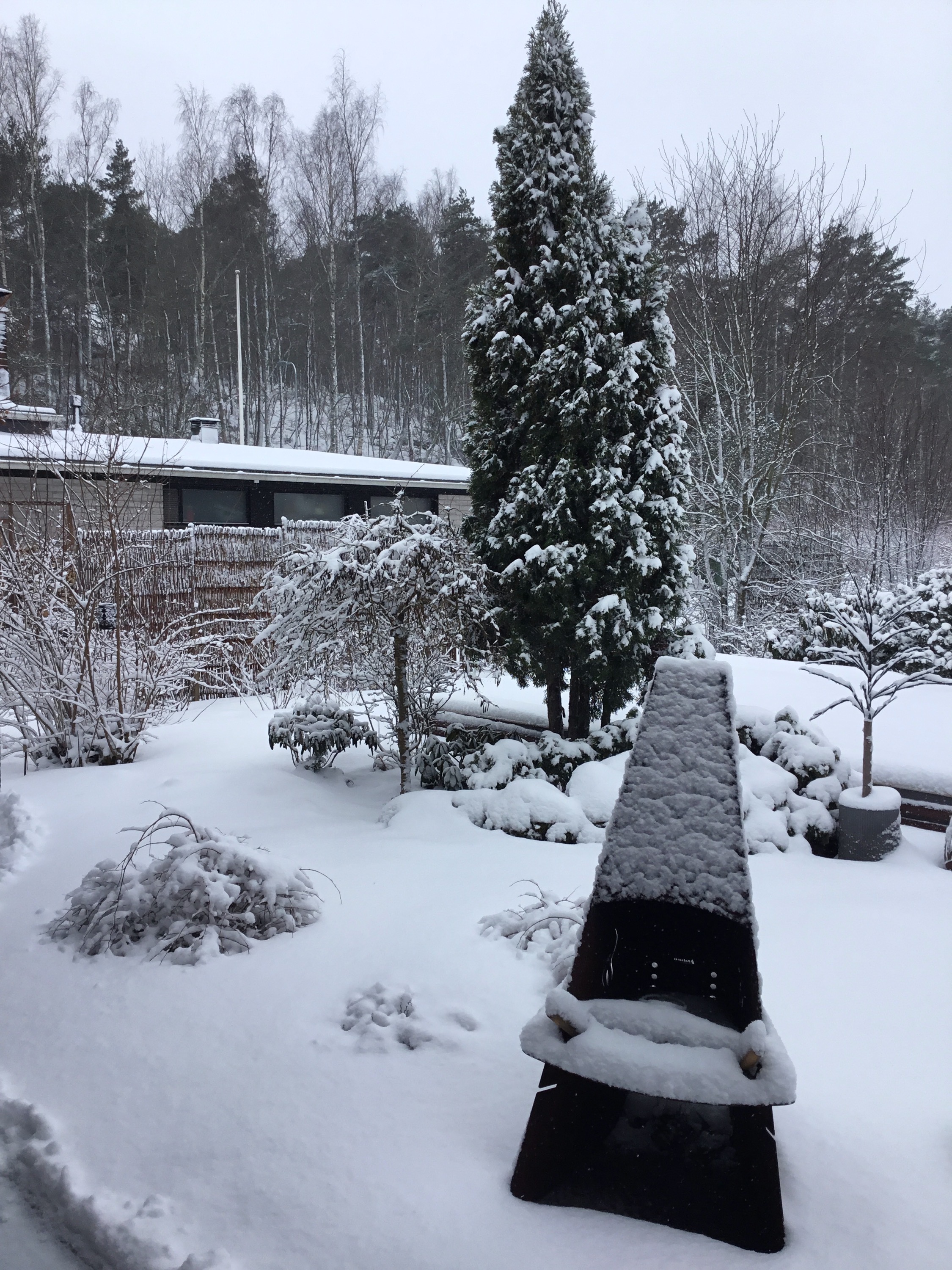 Pieni ulkotakka lumisessa puutarhassa.