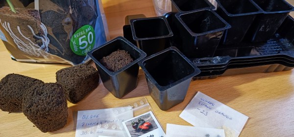 Juurrutussieniä, taimiruukkuja sekä tomaattien ja chilien siemenpusseja.