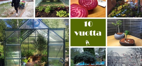 Kuvakollaasi, jossa kahdeksan kuvaa puutarhasta ja 10-vuotisbanneri.