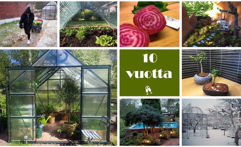 Kuvakollaasi, jossa kahdeksan kuvaa puutarhasta ja 10-vuotisbanneri.