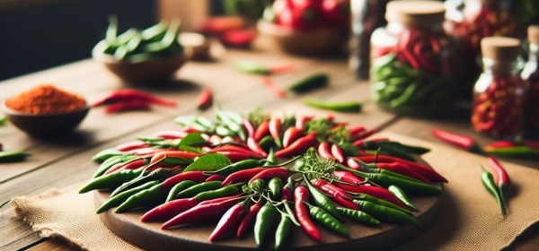 Tekoälyn luoma kuva, jossa vadillinen eri värisiä chilejä pöydällä.