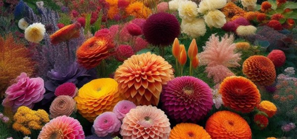 Tekoälyn luoma kuva värikkäästä kesäkukkapenkistä.