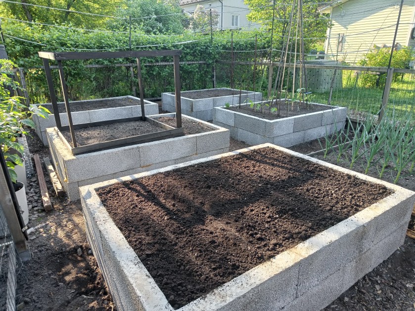 Viisi uutta, harkoista muurattua kasvimaan penkkiä. Kuudes penkki on vanha.