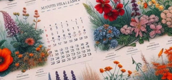 Kukkien kylvökalenteri, jossa runsas kukkakuvitus, tekoälyn luomus.