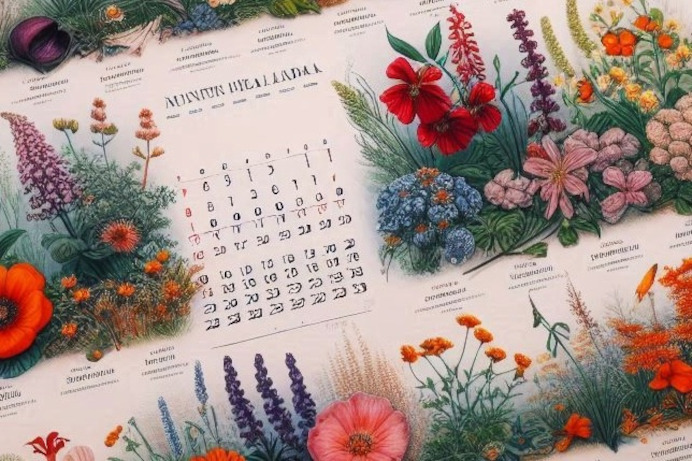 Kukkien kylvökalenteri, jossa runsas kukkakuvitus, tekoälyn luomus.