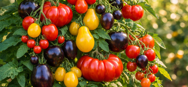 Tekoälyn tuottama kuva, jossa yhdessä ja samassa kasvissa on erivärisiä ja erikokoisia tomaatteja.