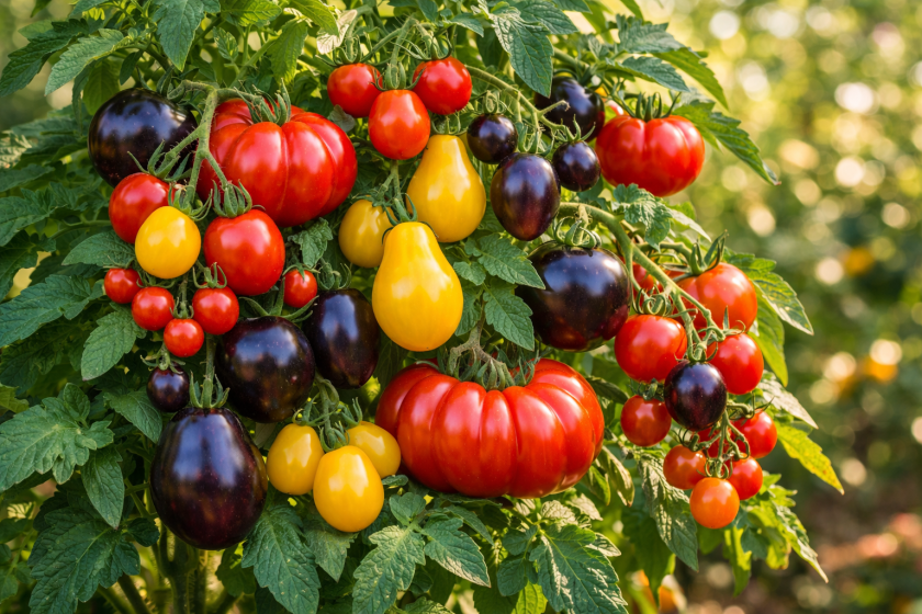 Tekoälyn tuottama kuva, jossa yhdessä ja samassa kasvissa on erivärisiä ja erikokoisia tomaatteja.
